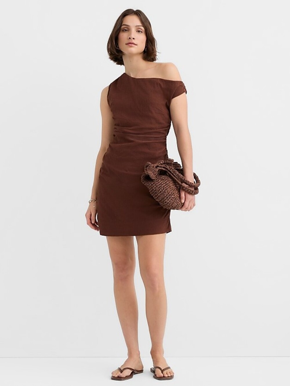 LOFT Chocolate Brown Ruched Off the Shoulder Mini Dress